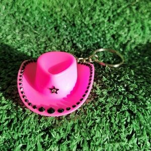 Handmade Earth Moon Crafts Cowboy Hat Keychain, Bag Charm - Pink W/ Black Rhines